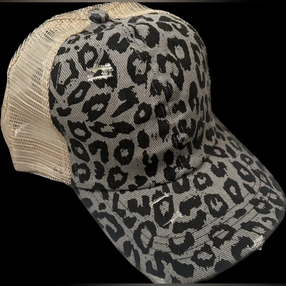 Distressed Leopard Print Cap - Black / Gray C.C. Crisscross Ponytail Hat Cheetah Animal Print/ Black  main image 3